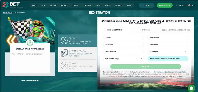 Modulo di registrazione 22Bet
